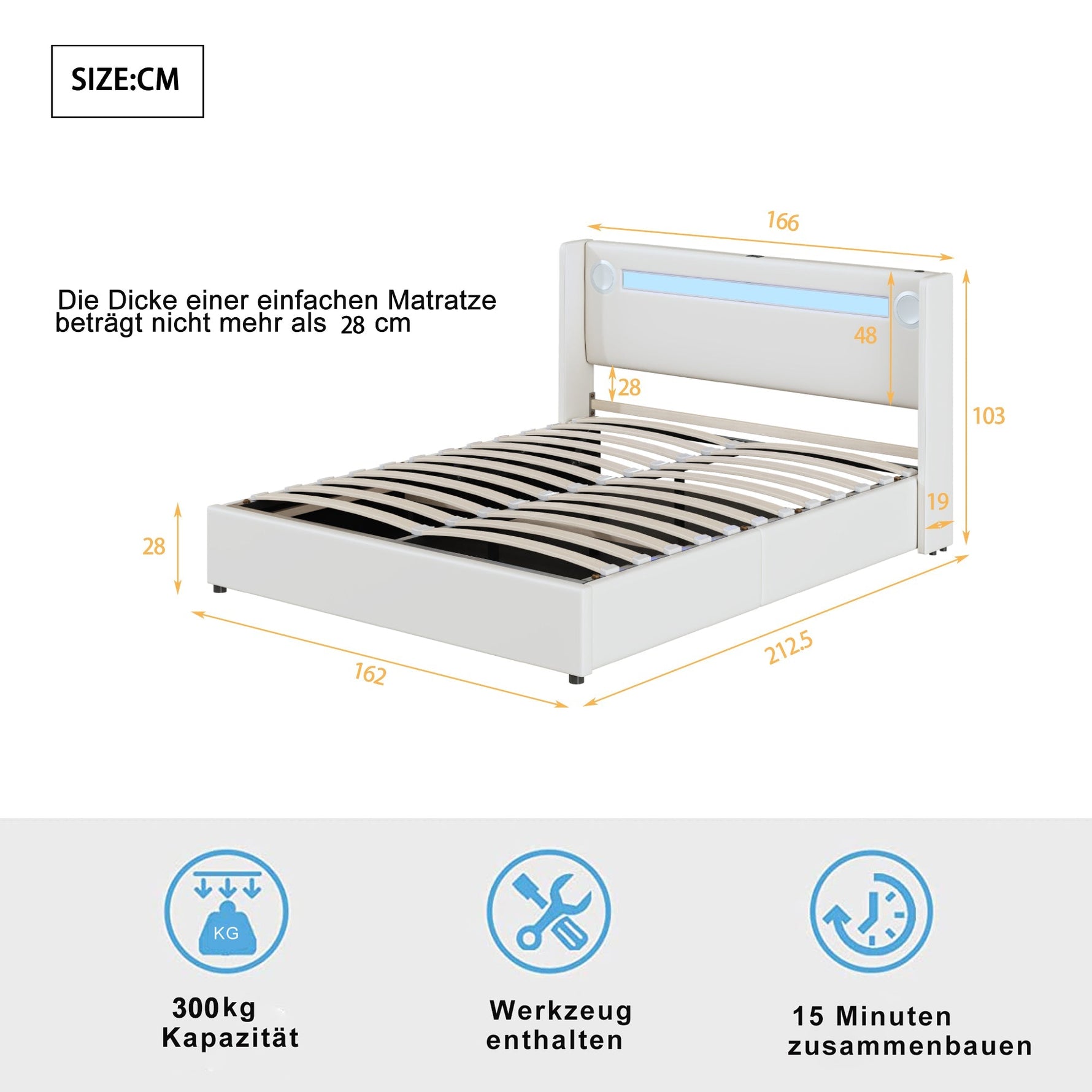 Multifunctional Upholstered Bed with LED Lighting, Bluetooth and USB Storage, White PU Leather