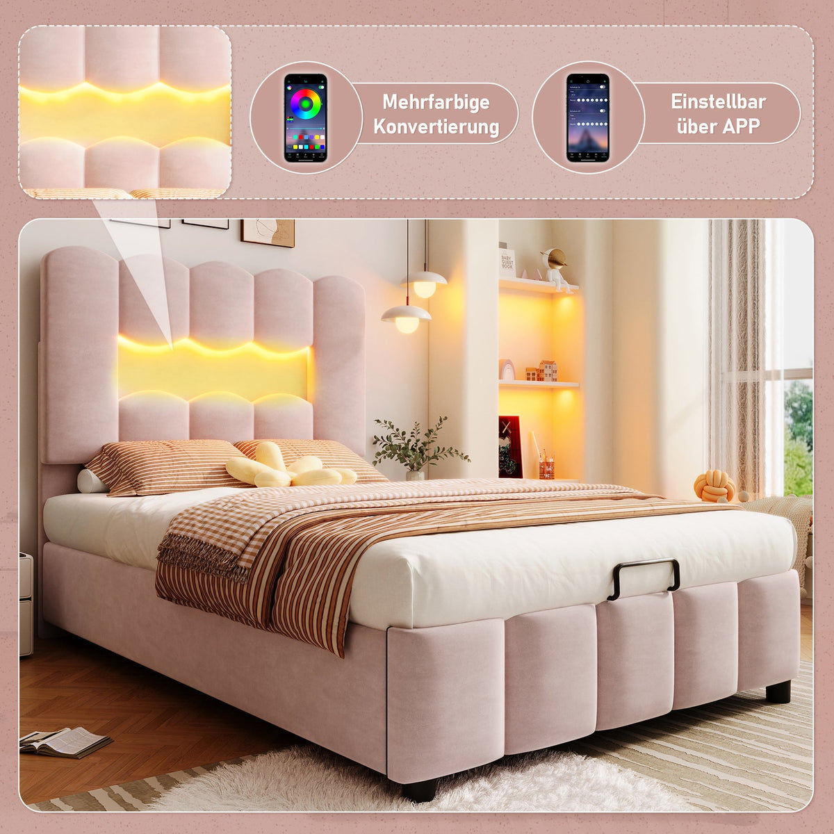 Upholstered Bed 90x200cm Hydraulic LED Adjustable Headboard, Velvet Pink