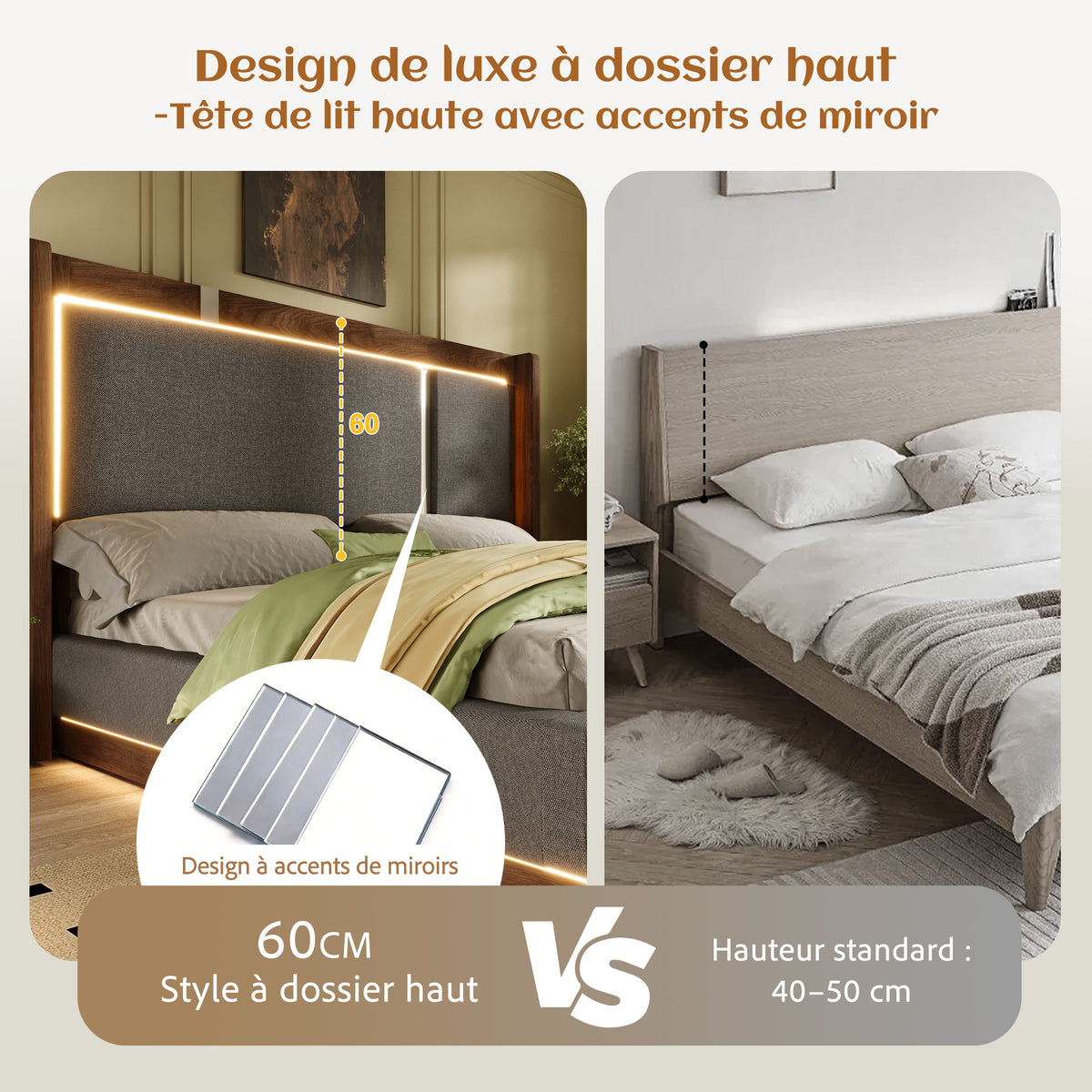 Double Upholstered Bed 140x190 with Storage & LED, Linen Grey & Walnut