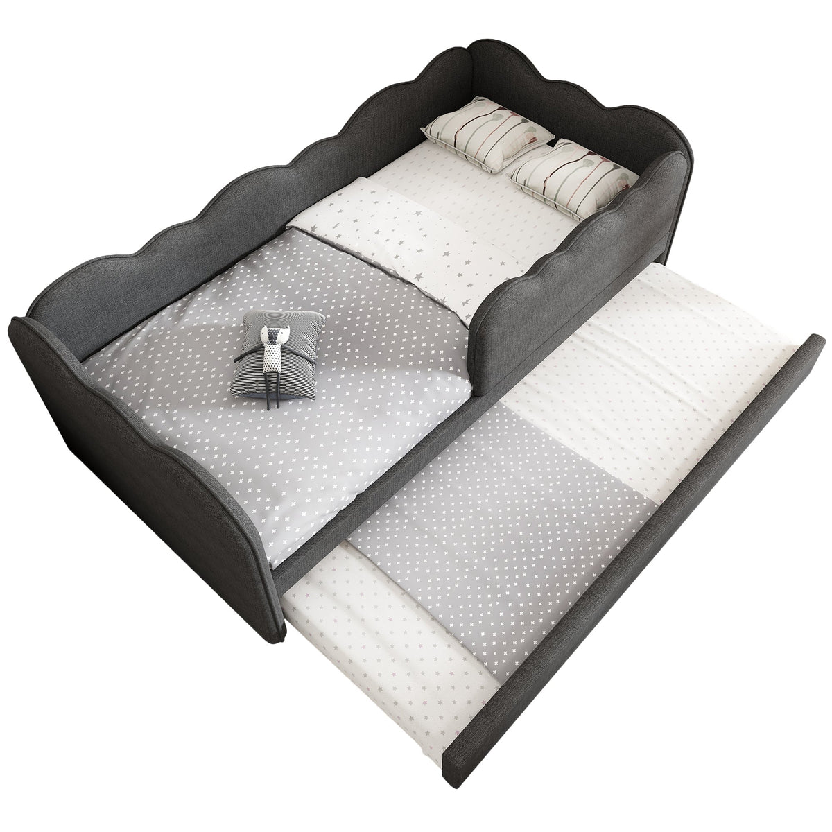 Upholstered Daybed Sofa Bed with Pull-Out Bed 90x190cm Slatted Base, Linen Grey