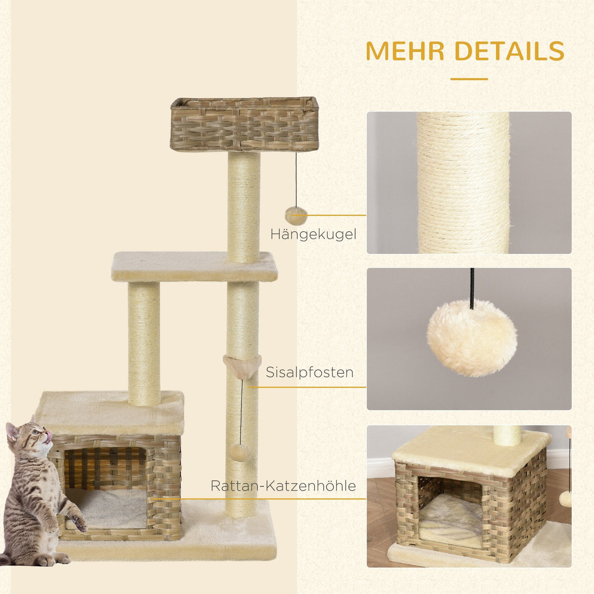 Rattan Cat Tree, 3 Levels, Cat Cave, Sisal & Plush, Brown and Beige