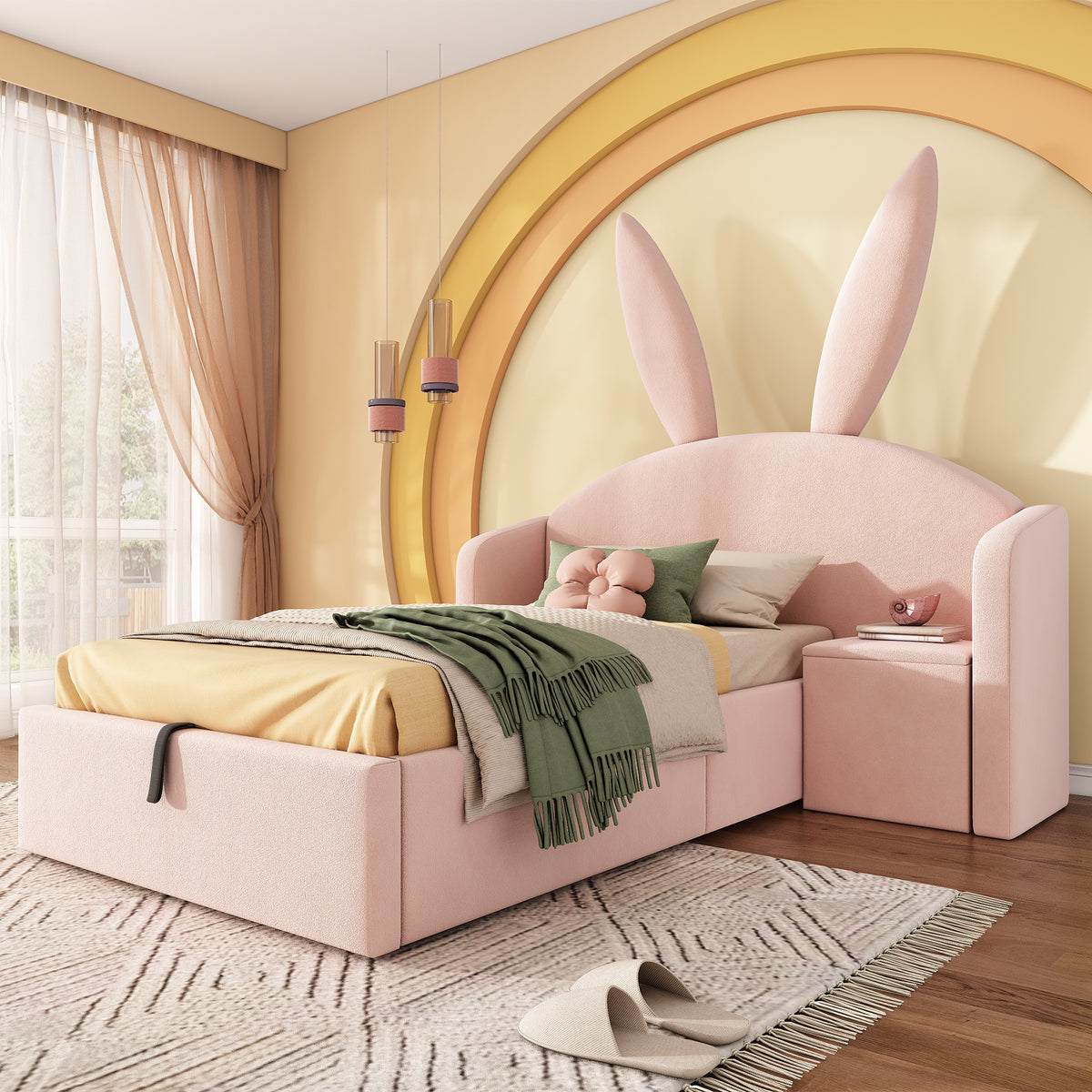Children's Bed 90x190cm with Storage & Bedside Table, Pink Velvet