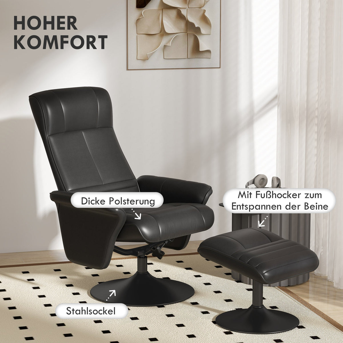 Recliner Chair with Footstool, Swivel Reclining TV, 150kg Load, Microfiber Cloth, Black