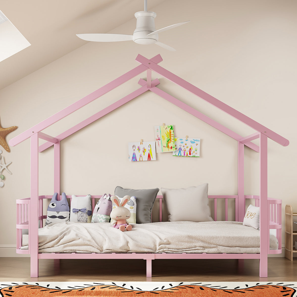 House Children's Bed Frame 90x200cm with Safety Rail, Pink Metal