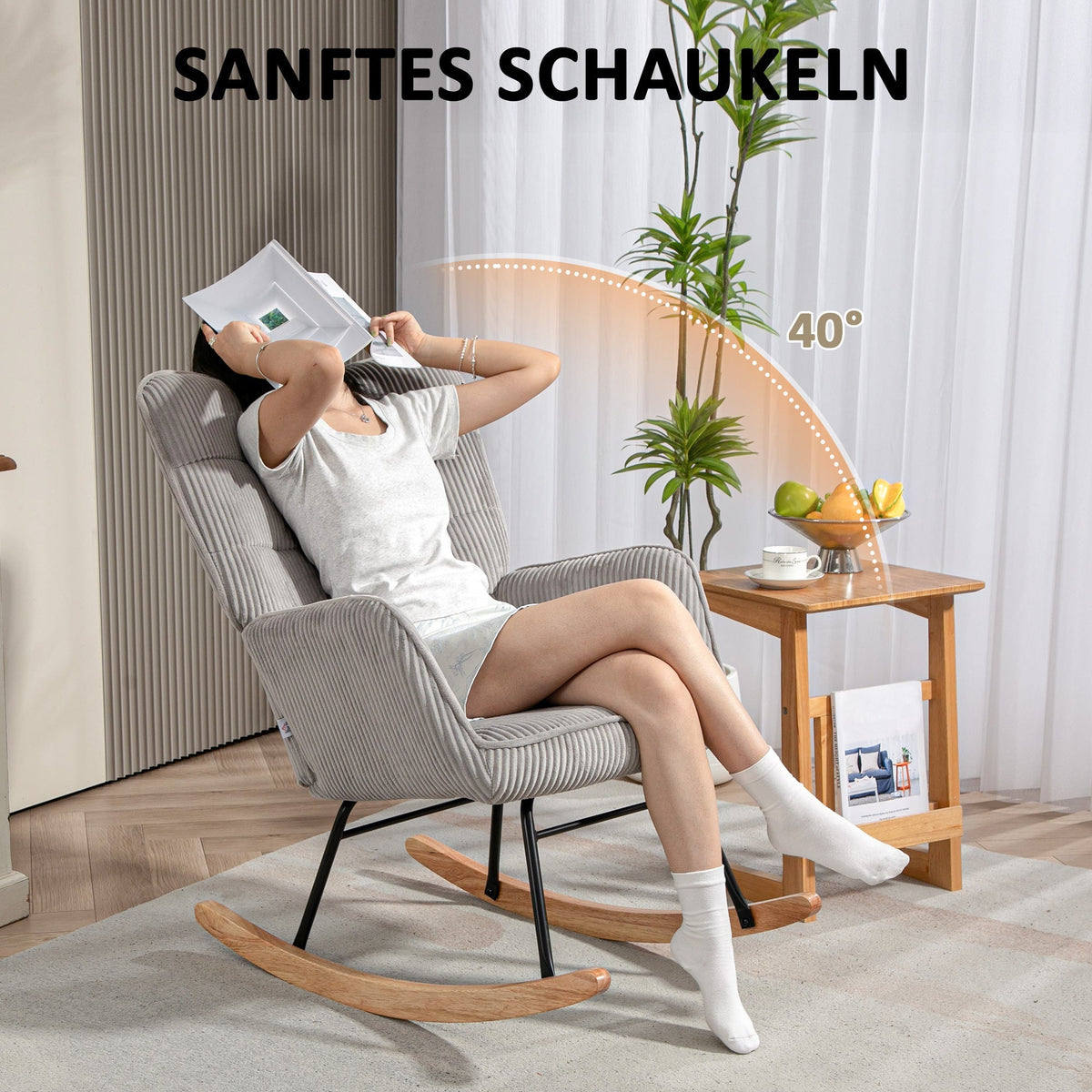 Rocking Chair, Armrests Recliner Wooden Base, Light Gray Corduroy