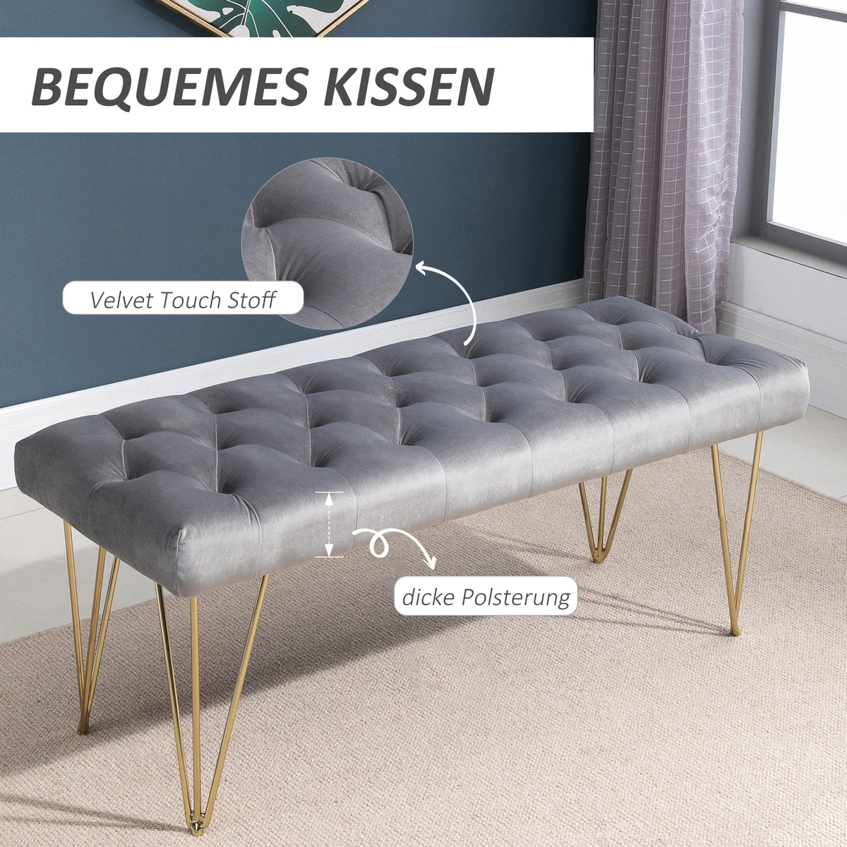 Shoe Bench, Velvet Cover, Entrance Area, Grey