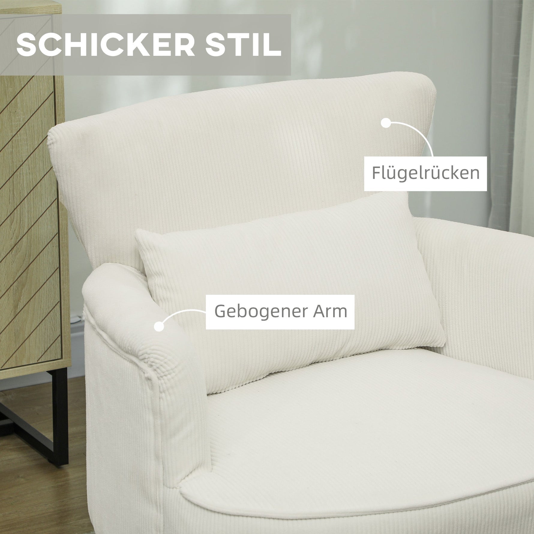 Armchair Lounge Chair Corduroy Look, Cream White