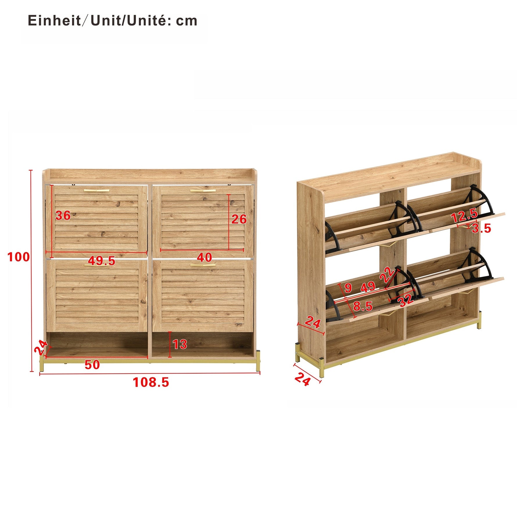 Shoe Cabinet Modern 4 Door Wooden Slat Metal Frame - 108.5x24x100cm