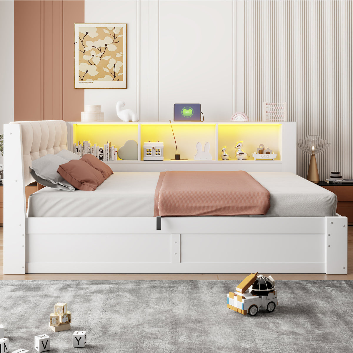 Daybed Frame 140x200cm with LED & Storage, White Pine Wood