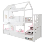 Children's House Bunk Bed 90x200cm with Storage Ladder & LED, White