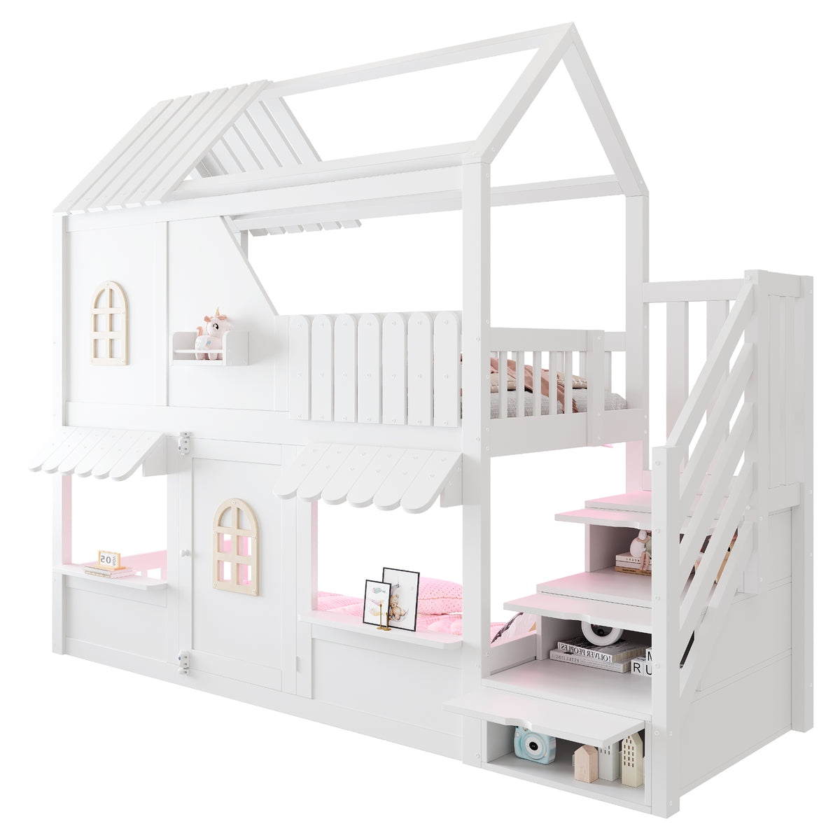 Children's House Bunk Bed 90x200cm with Storage Ladder & LED, White
