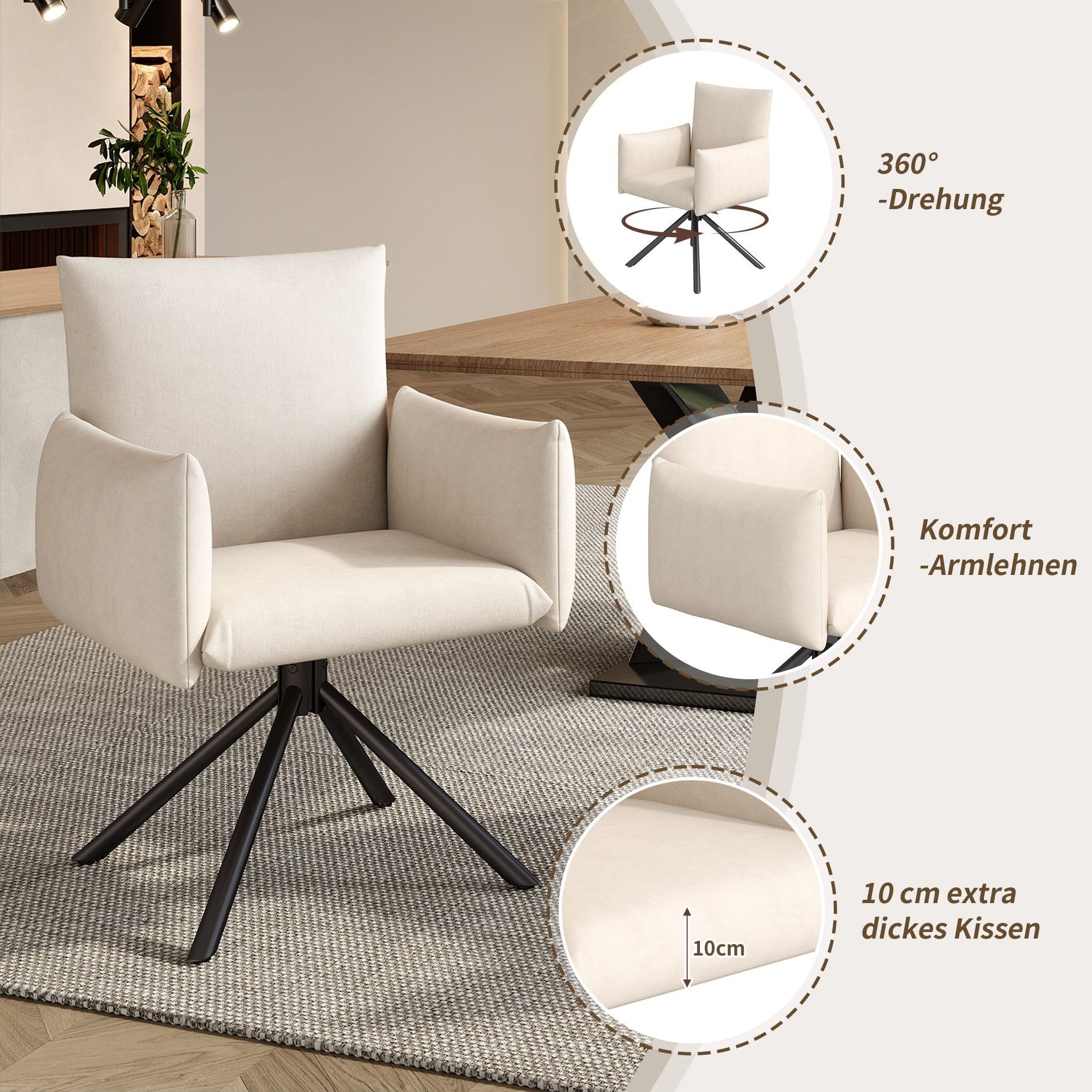 Dining Chairs Set of 4 Upholstered Swivel 360° Lumbar Support - Velvet Beige