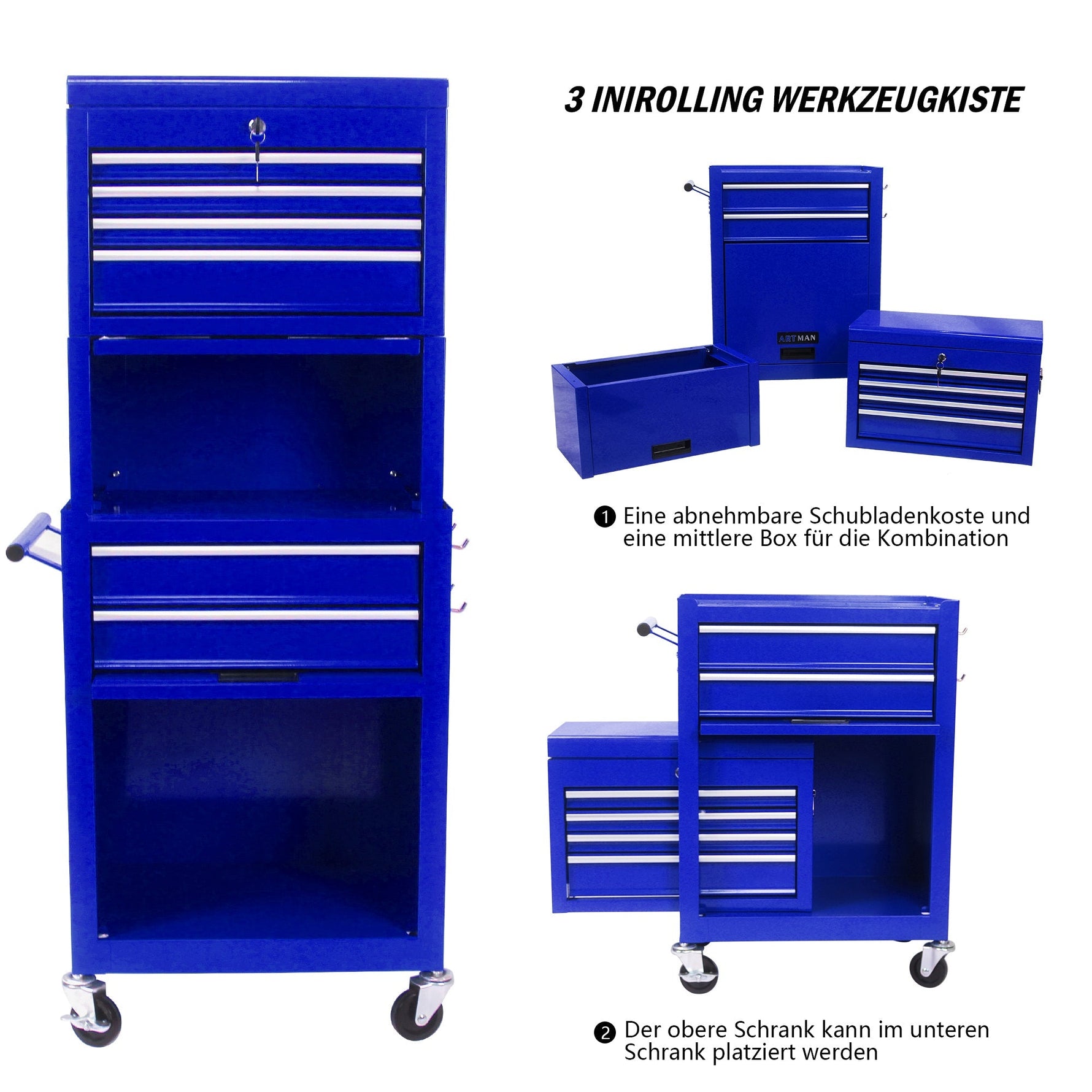 Tool Cabinet 6-Drawer Rolling 2-in-1 Organizer Blue