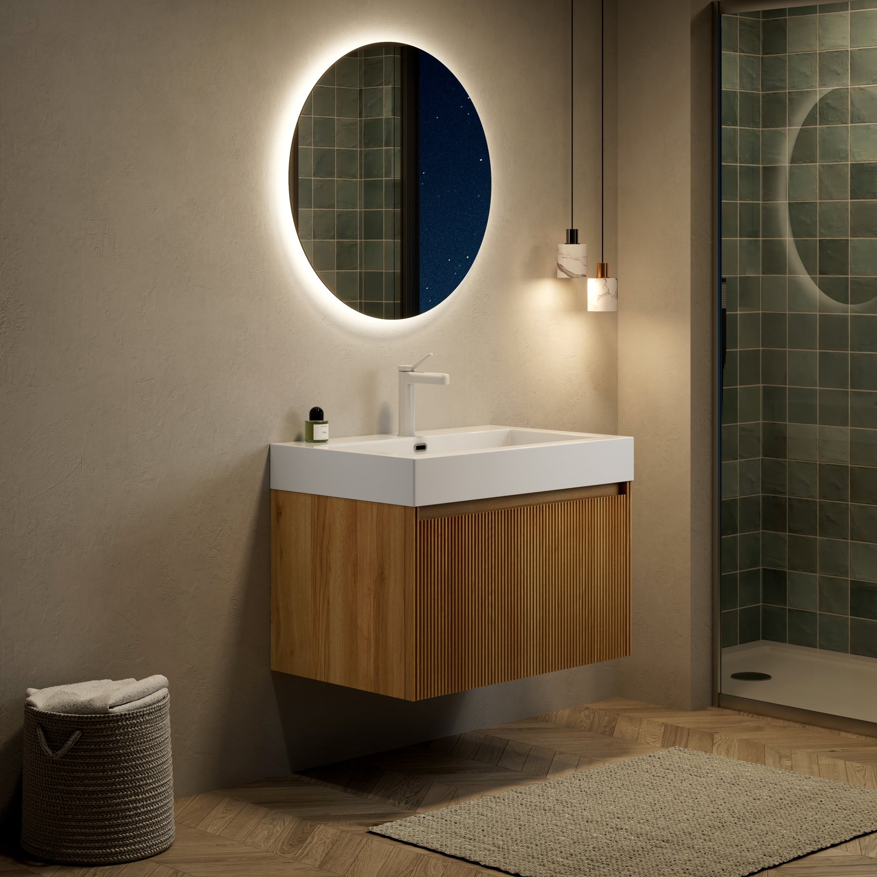 Wall-Mounted Bathroom Vanity Unit with Resin Basin and Drawer, Natural Wood Grain