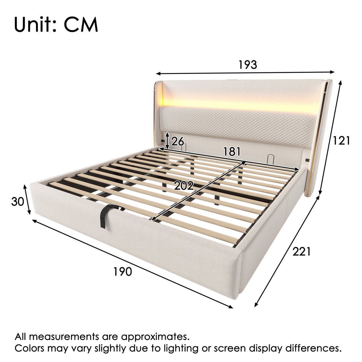 Modern Hydraulic Double Bed 180x200 LED USB Storage, Beige Linen