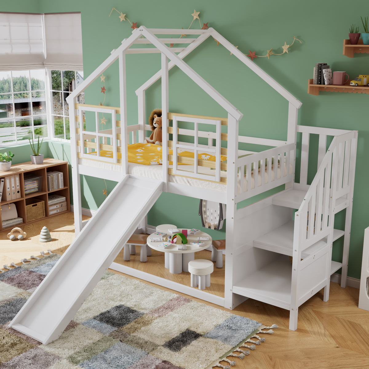 Bunk Bed with Slide & Stairs - Kids Cabin Bed, White Solid Wood