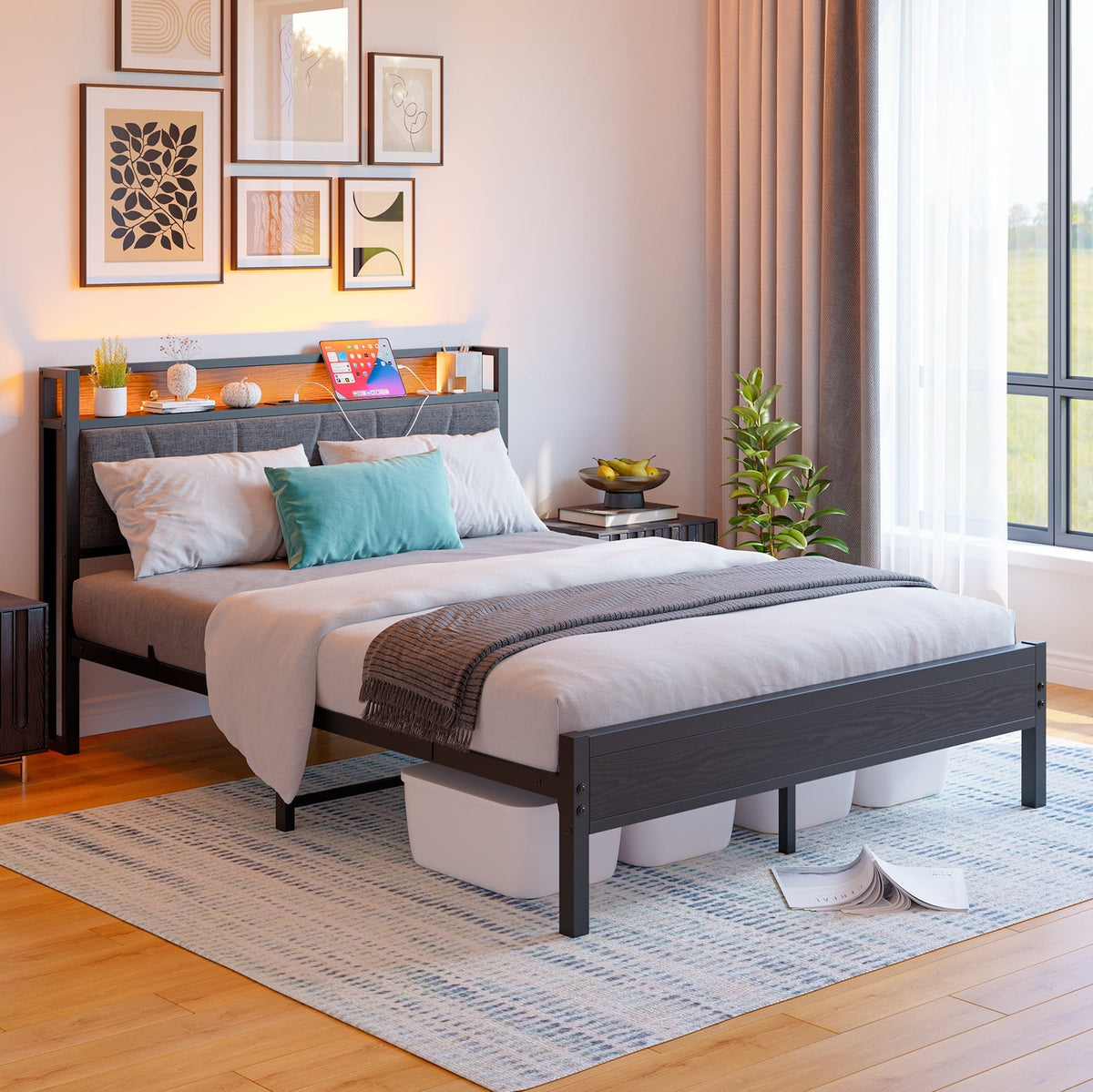 Bed Frame 140x200cm LED Headboard USB Charging - Metal Slats