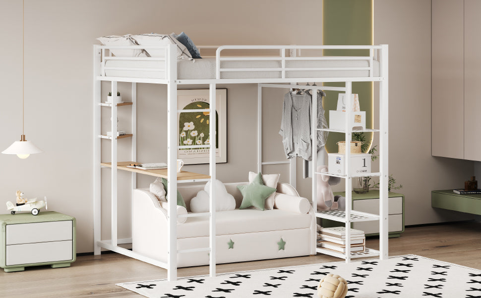Loft Bed, Ladder & Table, Storage, White