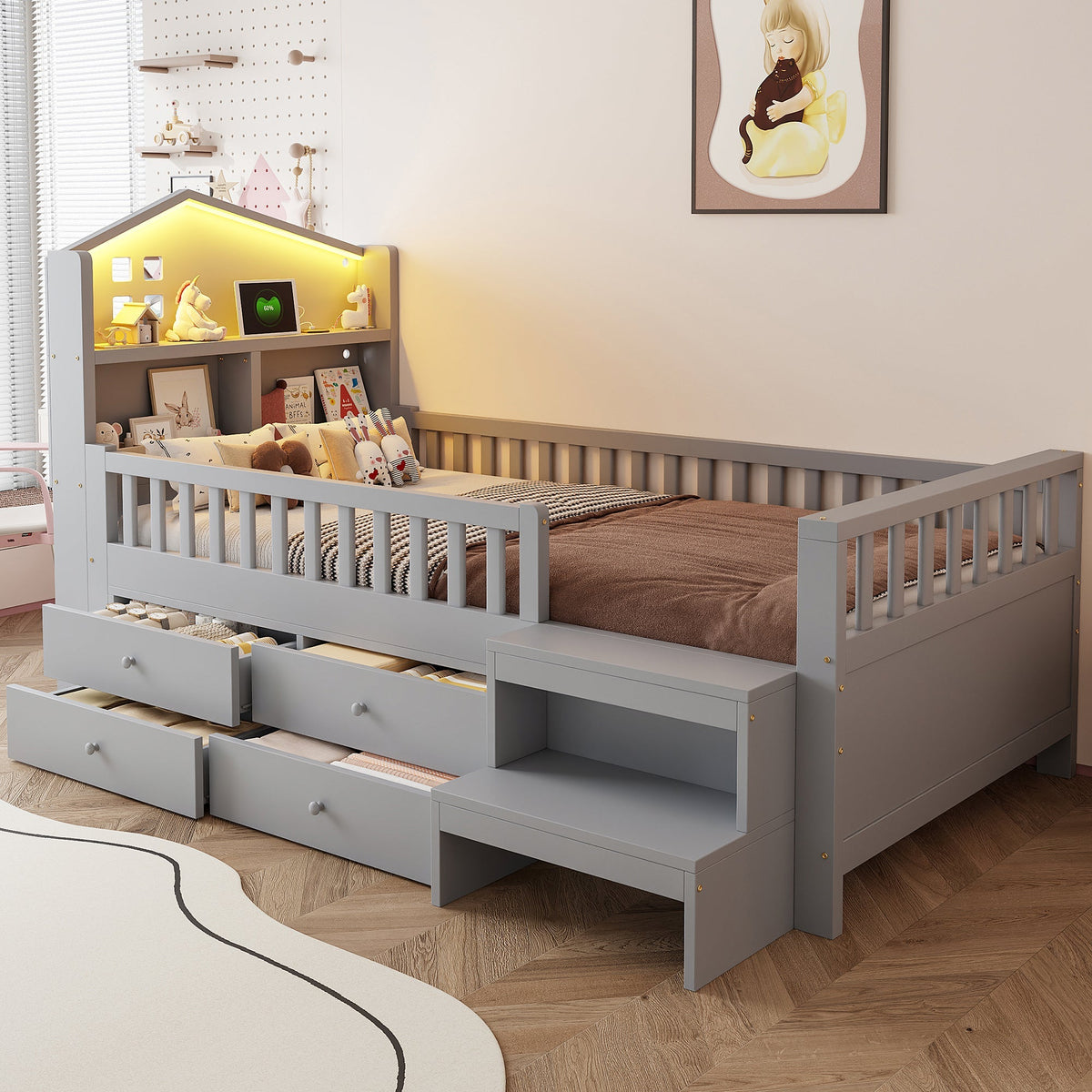 Children's Bed with 4 Drawers, LED Lights, USB and Type-C Charging Ports, 90x200cm, Grey Solid Wood