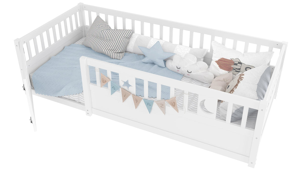 Panel Bed, Children's 90 x 190 cm with Railing Star & Moon Decoration, White
