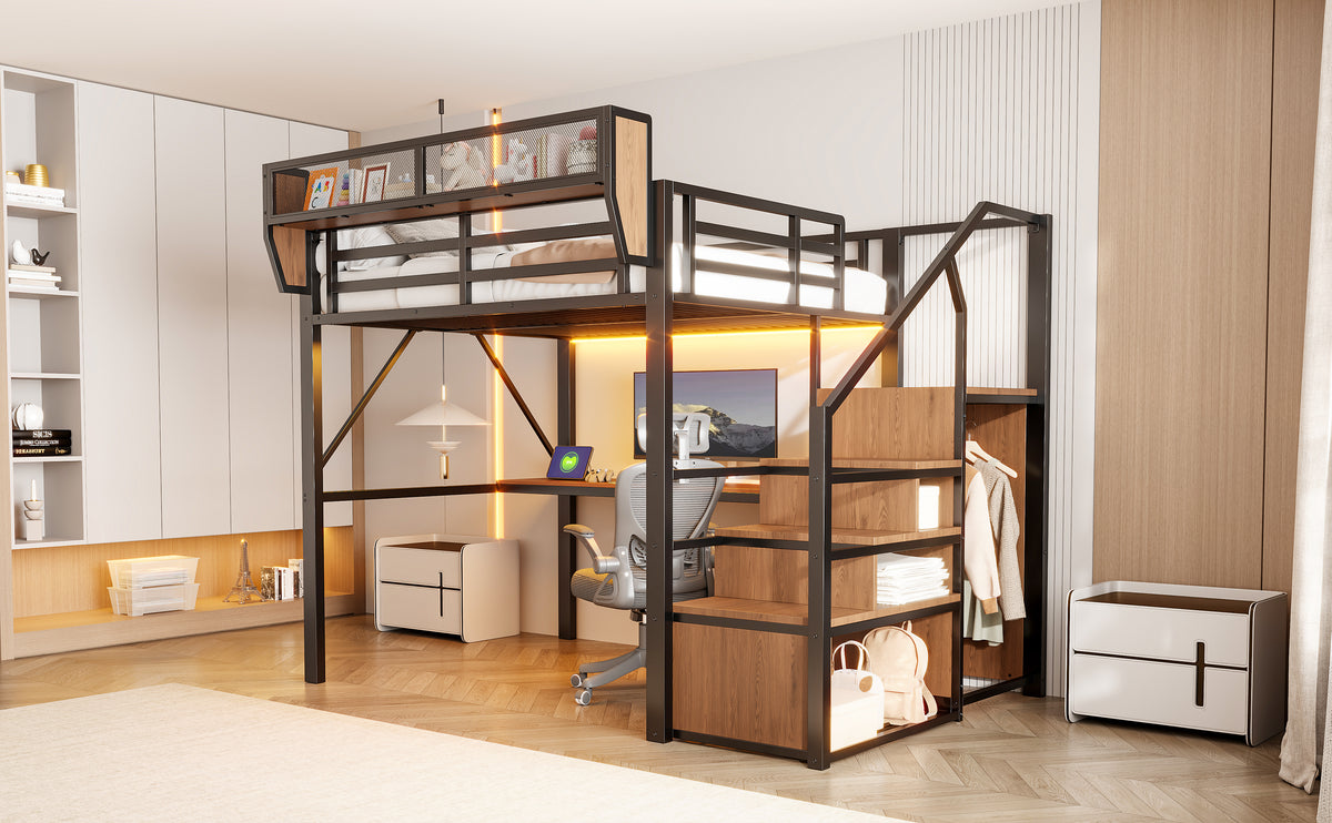 Loft Bed 140x200 with Desk, LED Light & Storage, Black Metal