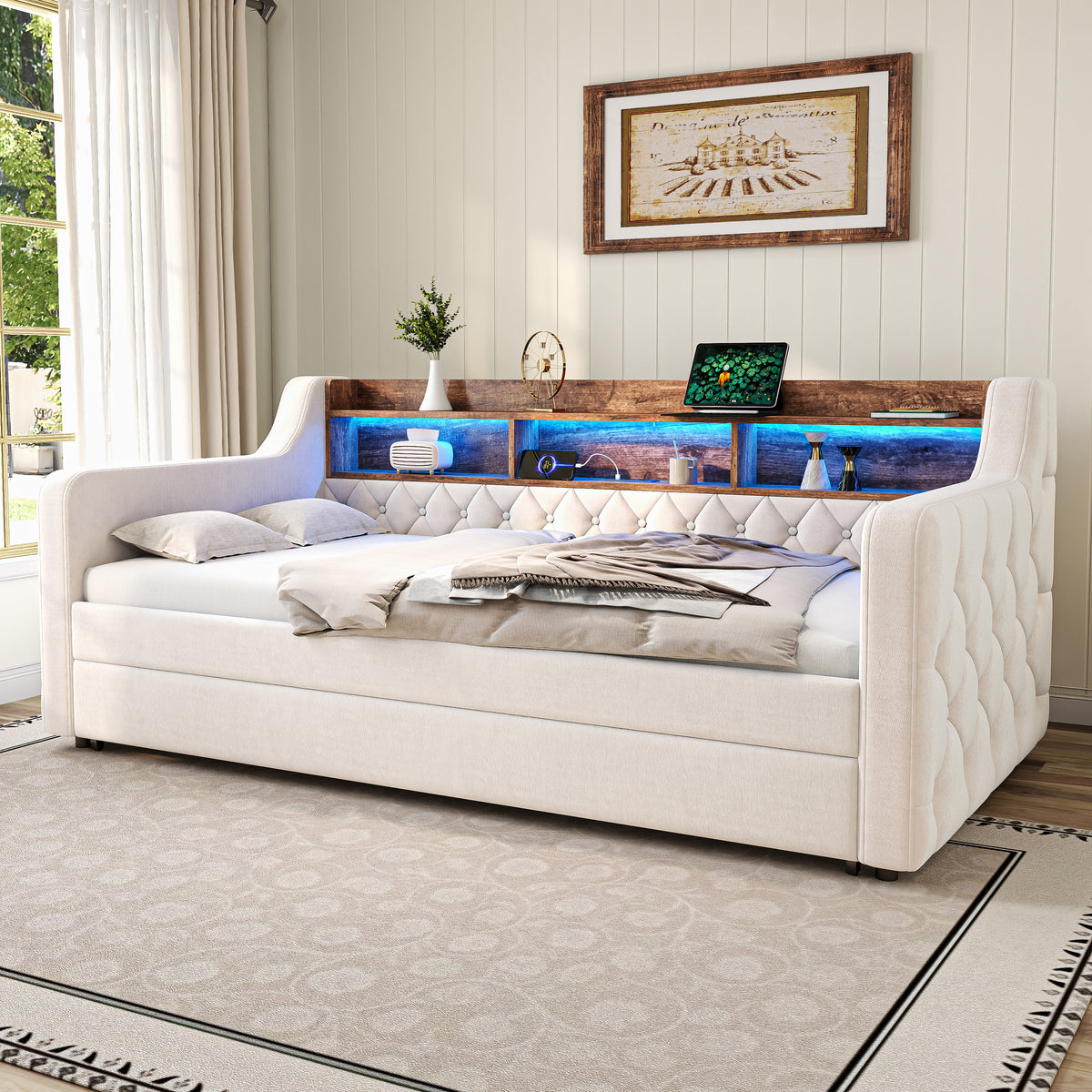 Space-Saving Sofa Bed 90x190cm with Storage & LED, Beige Velvet