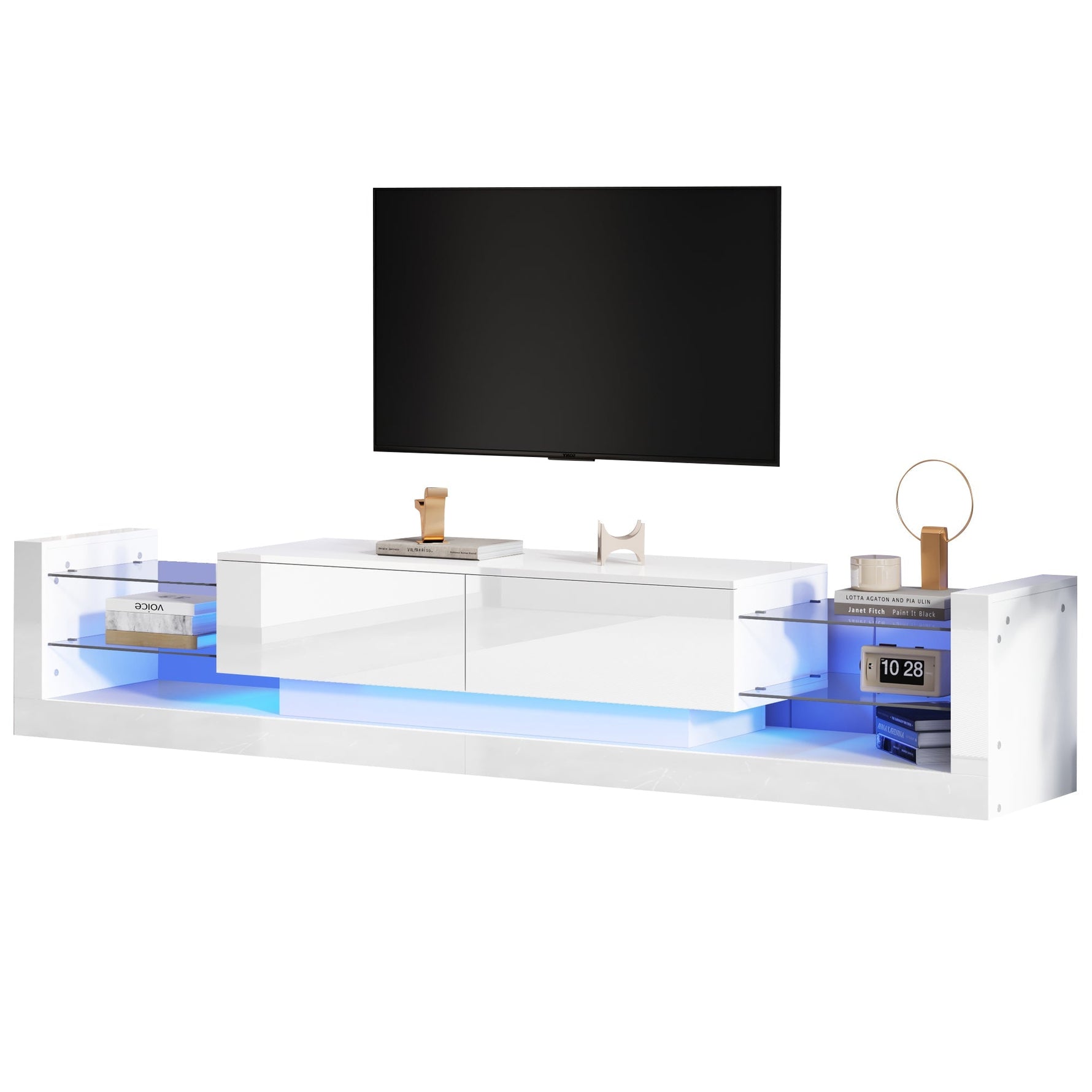 High-Gloss TV Cabinet, 181cm LED Lit, 80-inch Capacity with Glass Front and Two Folding Drawers