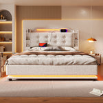 Upholstered Bed 140x200cm Hydraulic Storage LED USB/Type-C Linen Beige