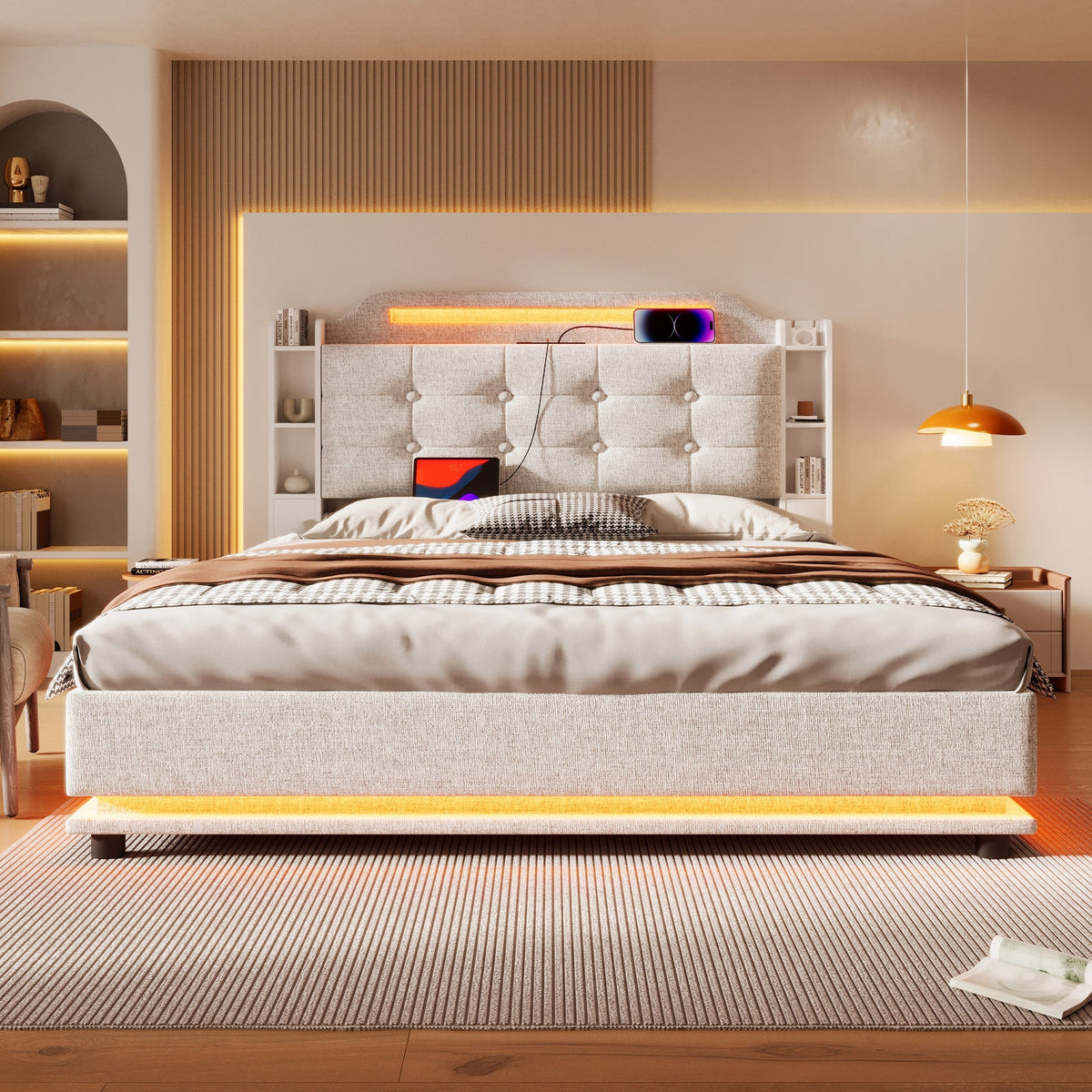 Upholstered Bed 140x200cm Hydraulic Storage LED USB/Type-C Linen Beige