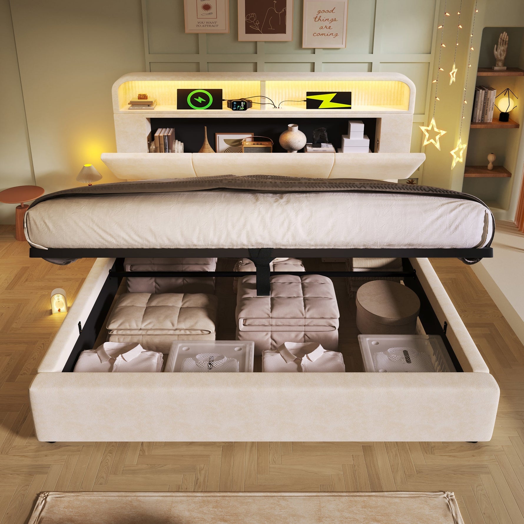 Upholstered Double Bed with Hydraulic Storage, LED and USB Charging, Beige Velvet