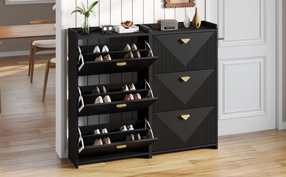 Shoe Cabinet with 6 Drop-Down Doors and Adjustable Width, Two-Piece Set, Black MDF