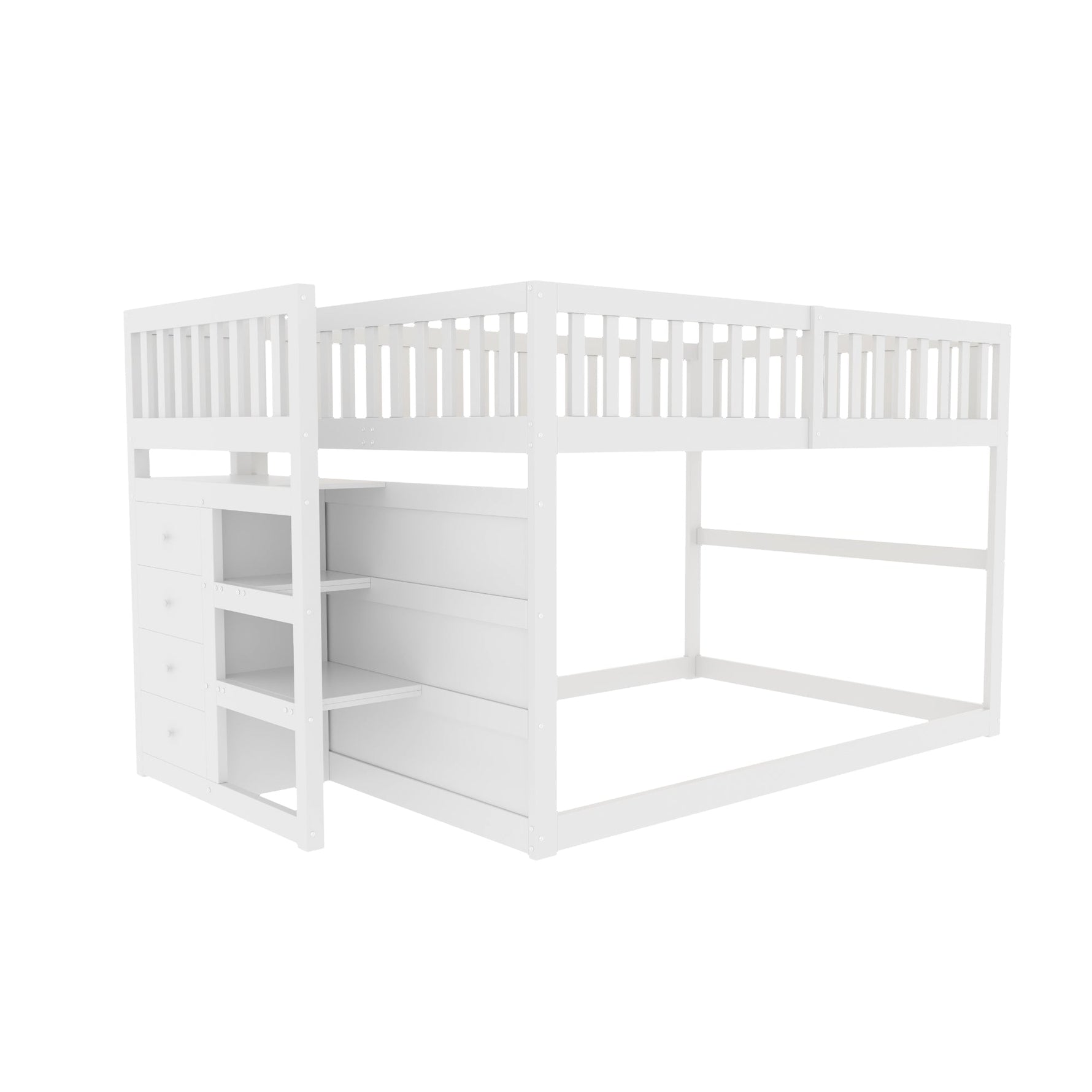 Low Bunk Bed, 140x200cm Safety with Storage & High Fence, Wooden White