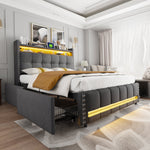 Upholstered Bed 140x200cm, LED & USB, 4-Drawer Storage, Linen Gray