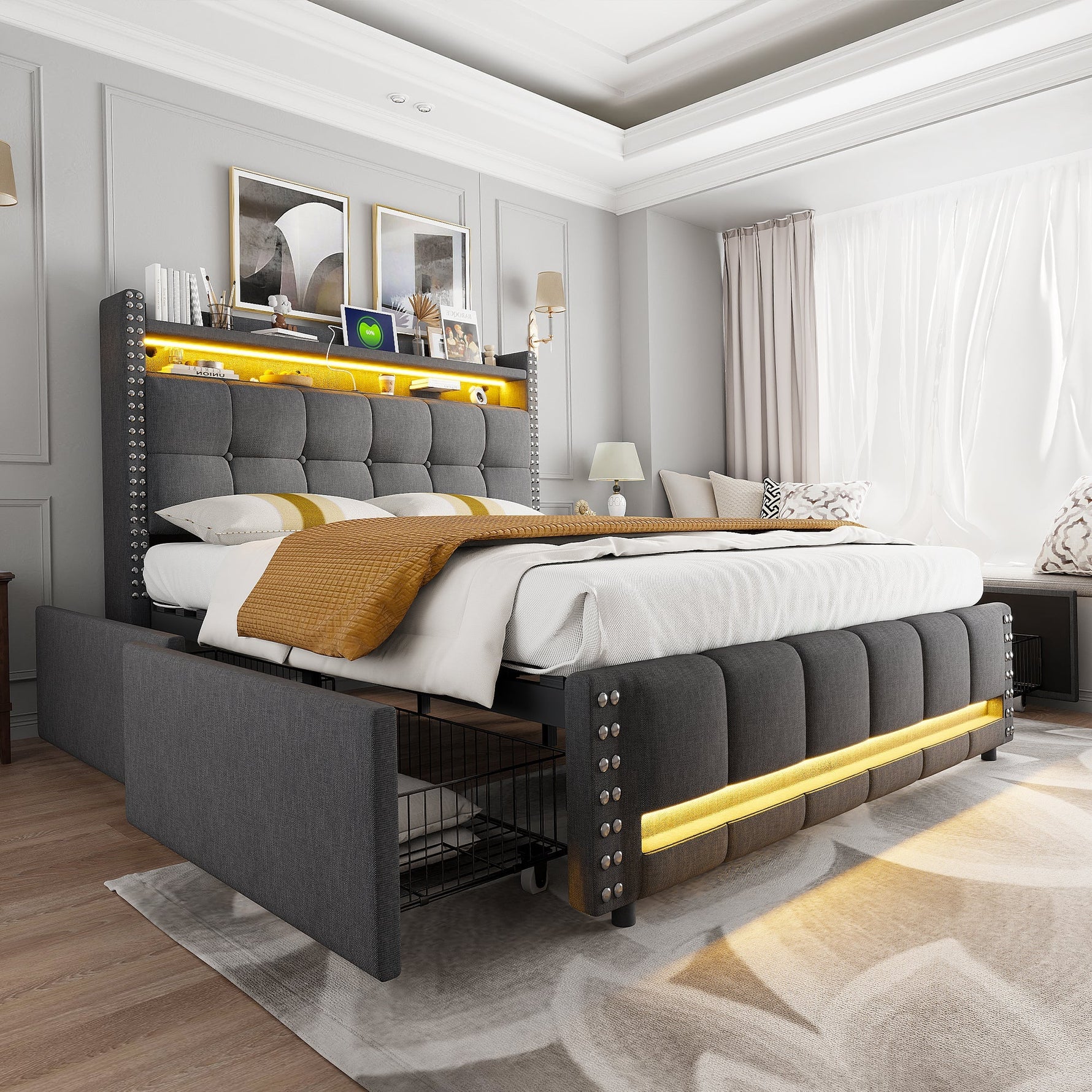 Upholstered Bed 140x200cm, LED & USB, 4-Drawer Storage, Linen Gray