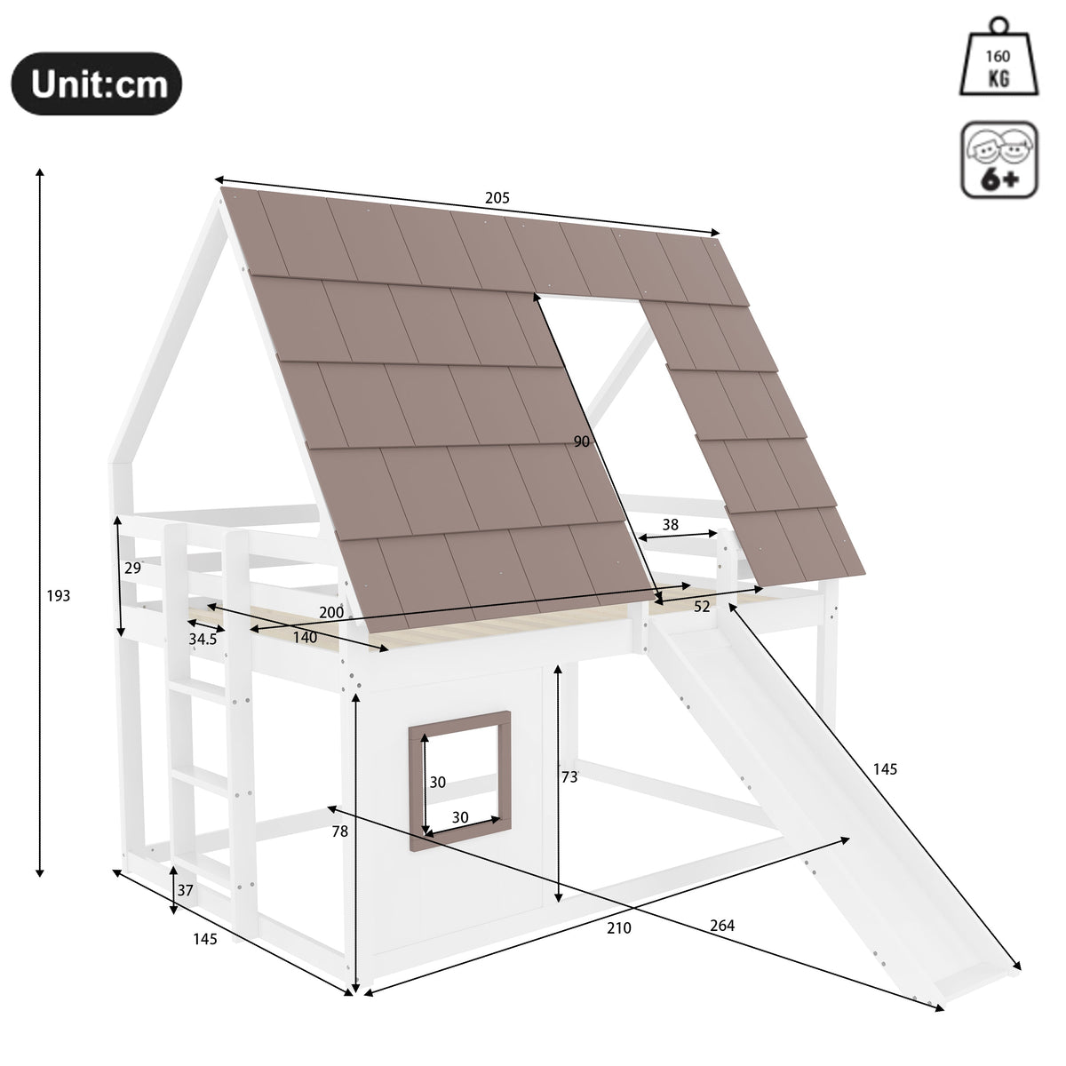 Wooden House Bunk Bed with Roof, Ladder and Slide, 140 x 200, White and Brown