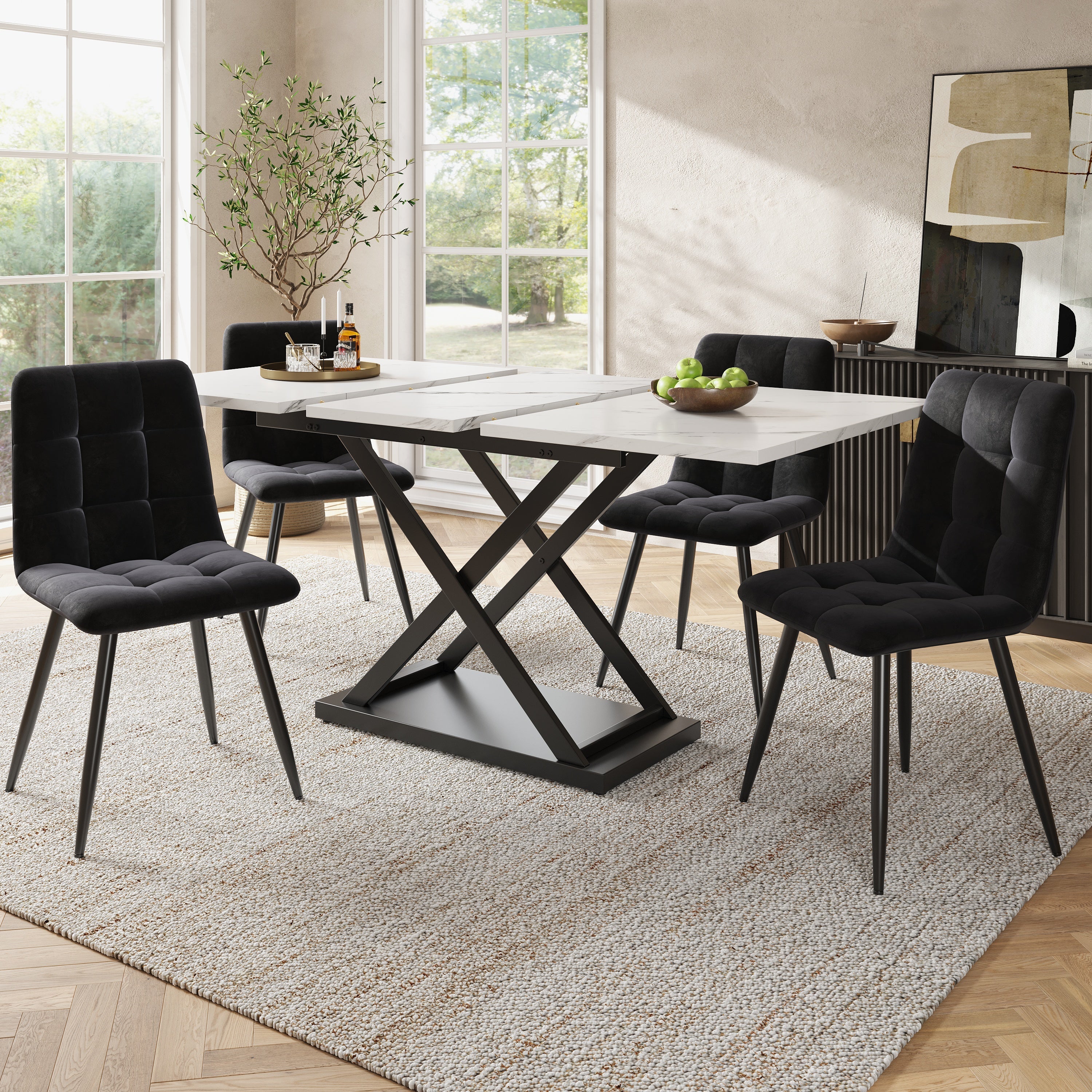 Dining Set 5-Piece Extendable Table 160cm 4 Chairs - White Marble/Black Velvet