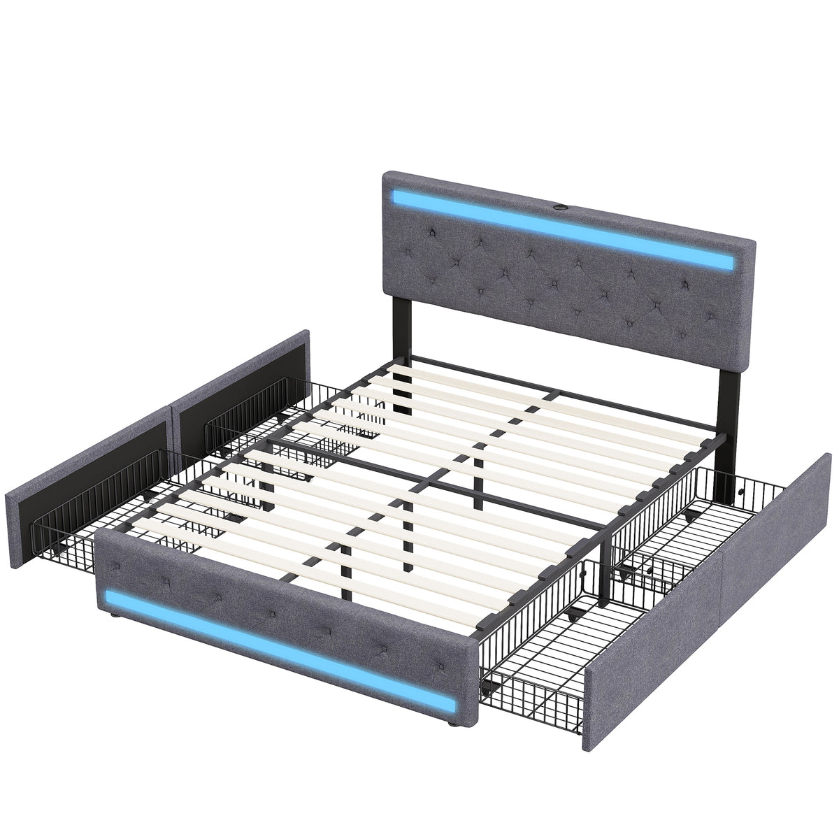 Upholstered Double Bed with Storage Drawers 180x200cm, Beige Velvet