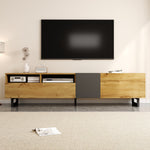Colorblock TV Cabinet, 3 Doors 2 Compartments U-shaped Metal Legs, Retro Wood Grain