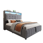 Upholstered Bed 140x200cm, LED & USB, Hydraulic Storage, Linen Fabric Gray