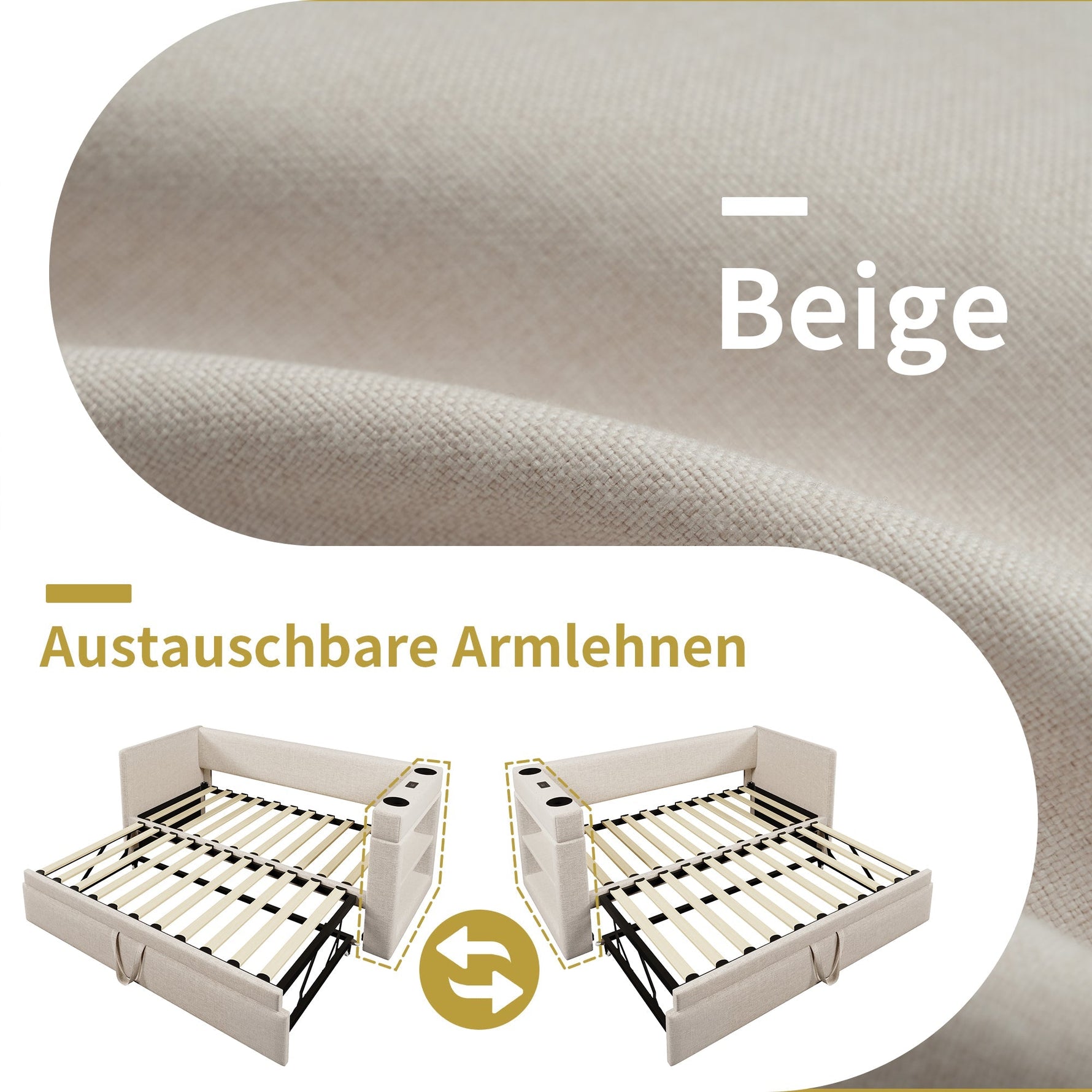 Upholstered Daybed Sofa Bed 90x200cm Pull-out USB/Type-C Armrests Linen Beige