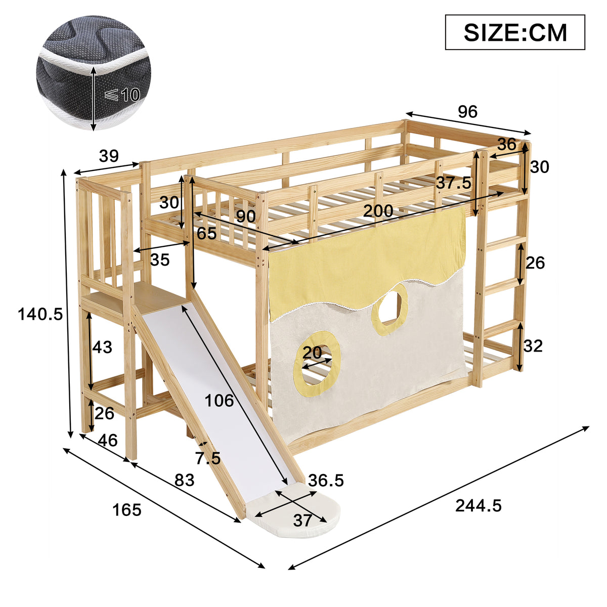 Children's Bunk Bed 90x200cm with Slide & Stairs, Natural Pine
