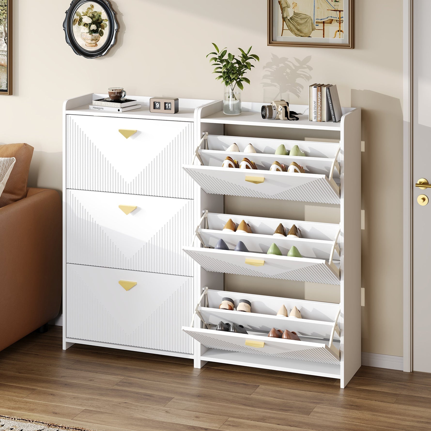 Shoe Cabinet with 6 Drop-Down Doors and Adjustable Width, White MDF