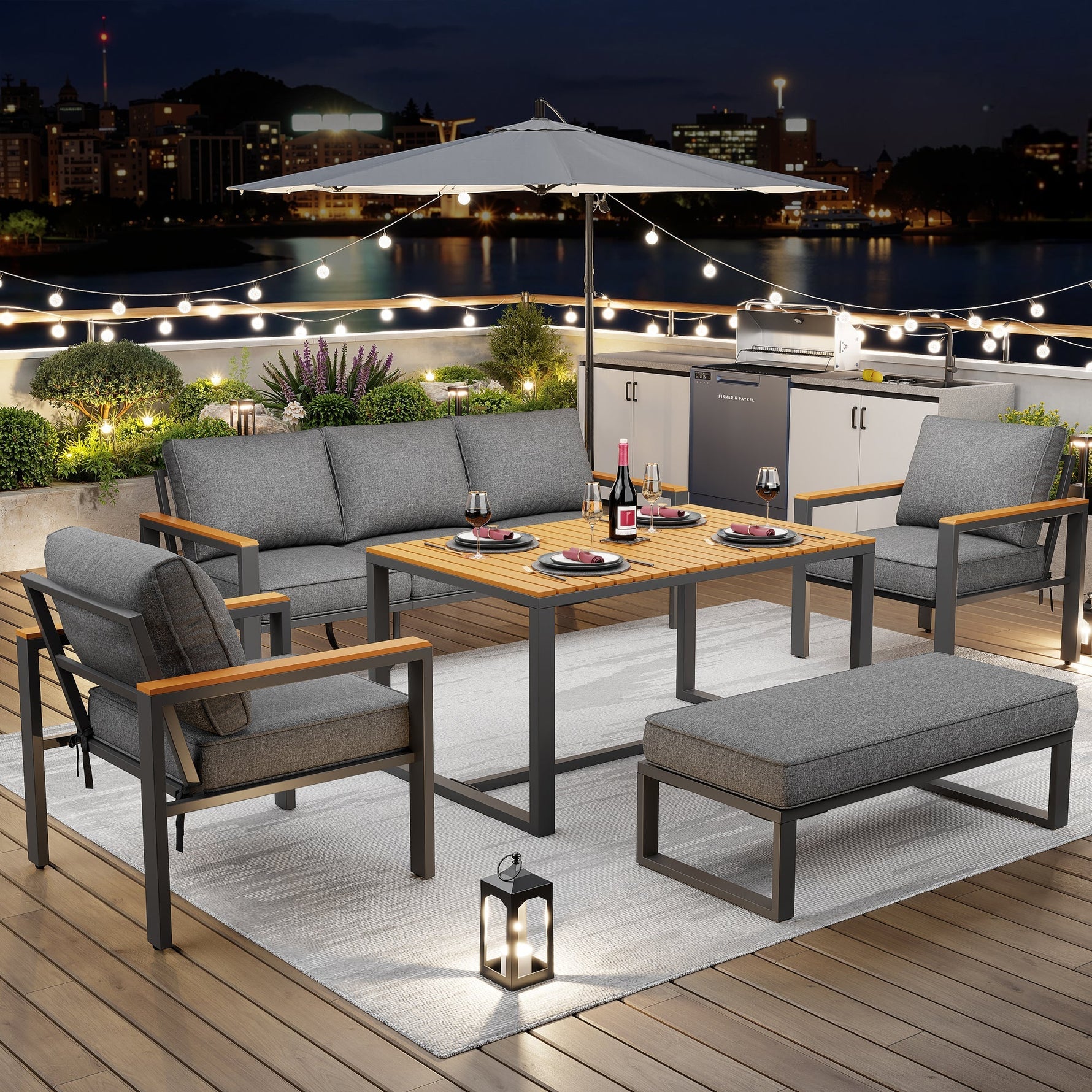 Garden Lounge Set for 6-7 People, Weatherproof Seating Group, Galvanized Iron Frame