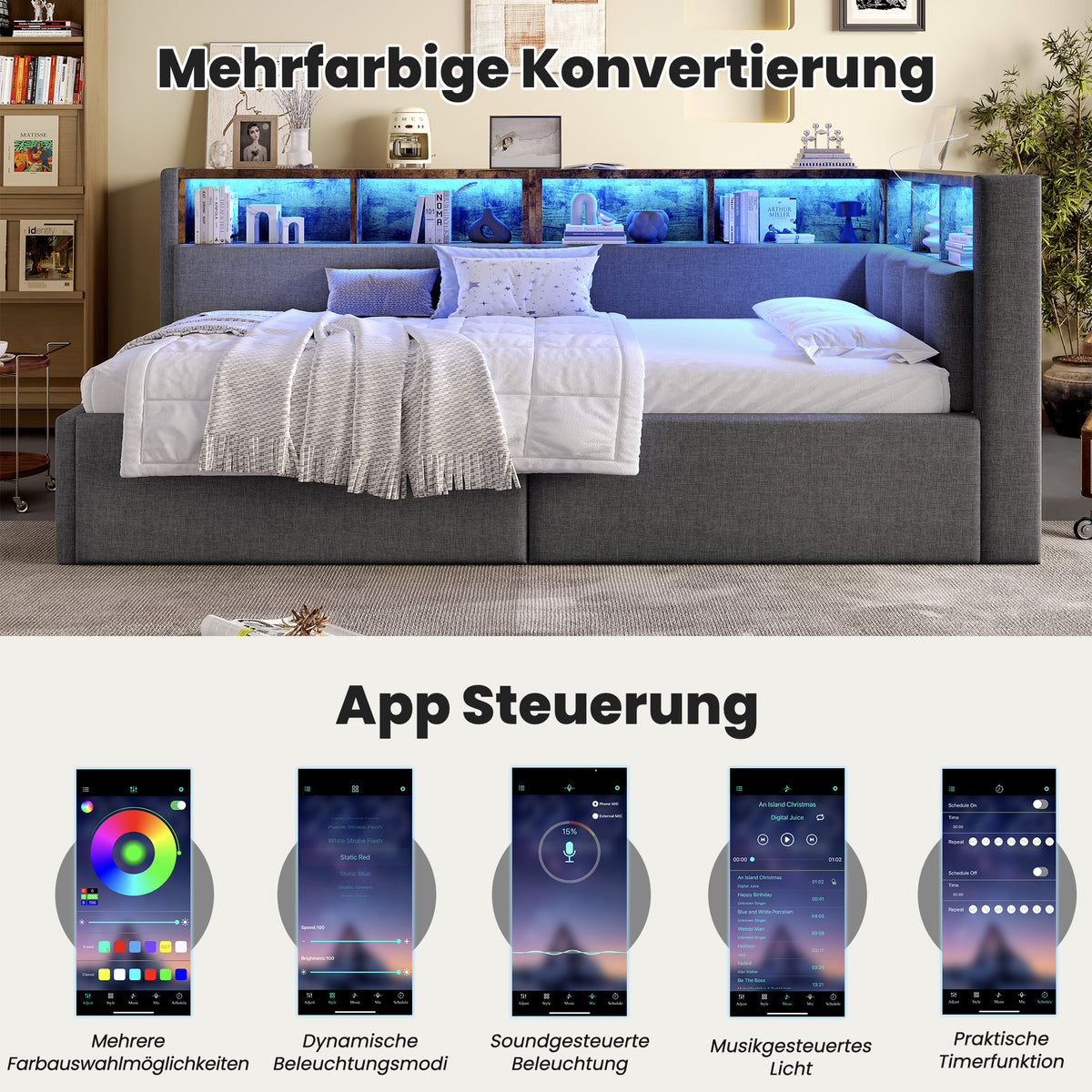 Daybed Sofa Bed 90x200cm with Storage & LED, Grey Linen
