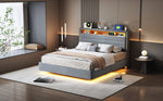 Upholstered Bed 140x200 cm, Hydraulic Floating with Storage, USB & LED, Reversible Headboard, Linen Grey