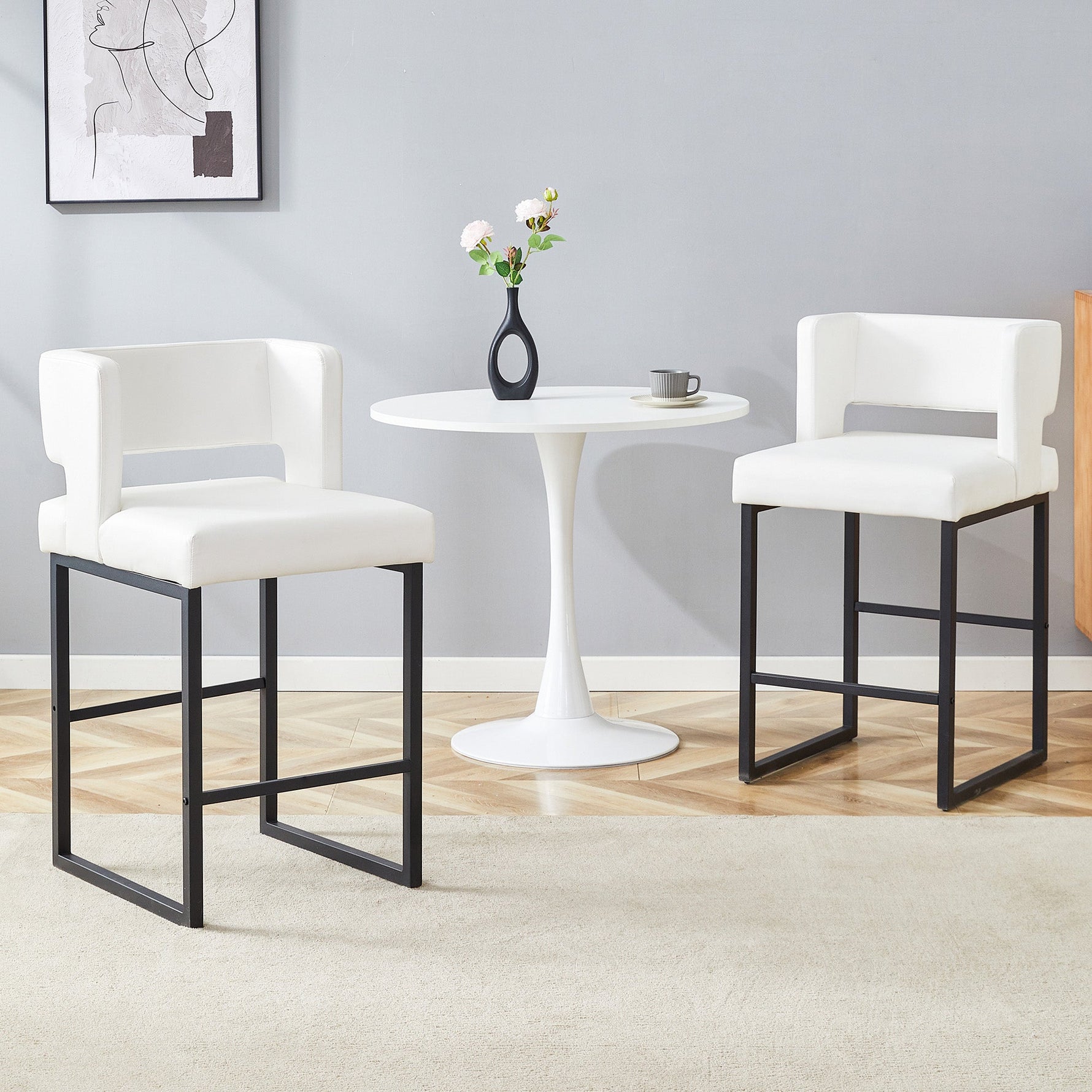 Nordic Bar Stool Set of 2 Modern Square Design Black Metal Legs - White