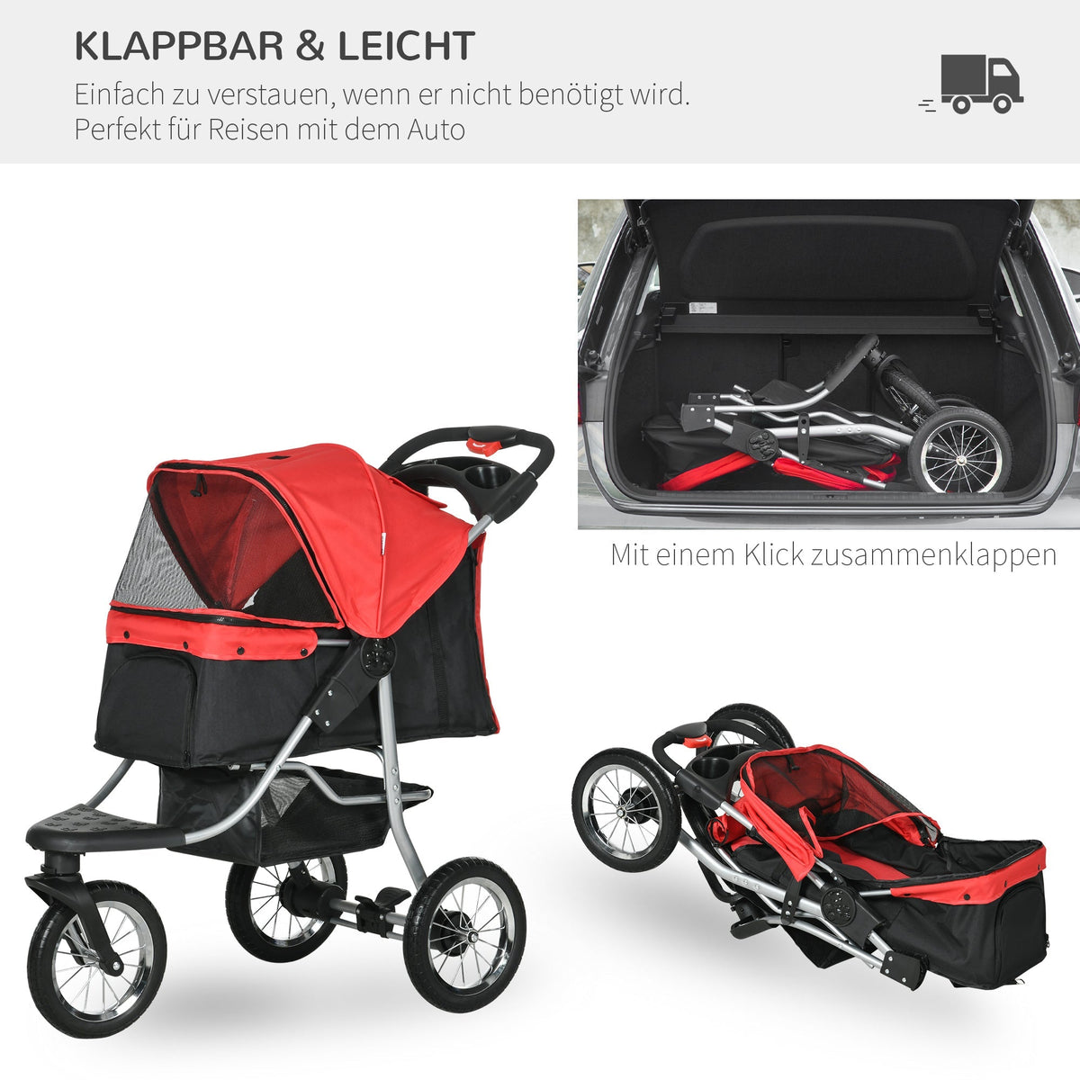 Dog & Cat Pet Stroller, Foldable 3 Wheels, Oxford Red Black