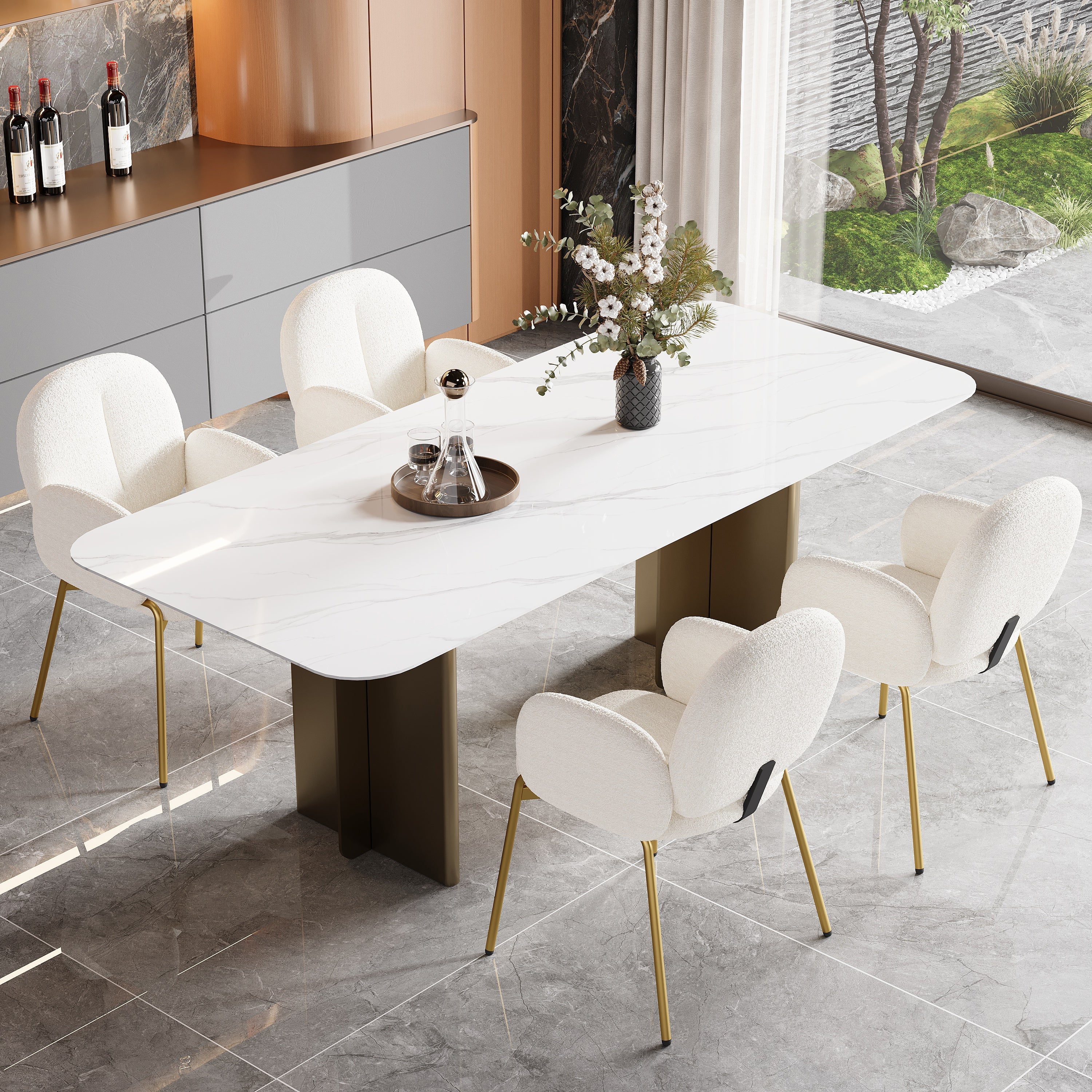 Dining Lounge Chairs Set of 4 with Gold Legs, Beige Teddy