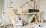 Children's Bunk Bed Roof Design Chalkboard Storage Stairs 90x200cm, White/Natural Pine/MDF/Plywood