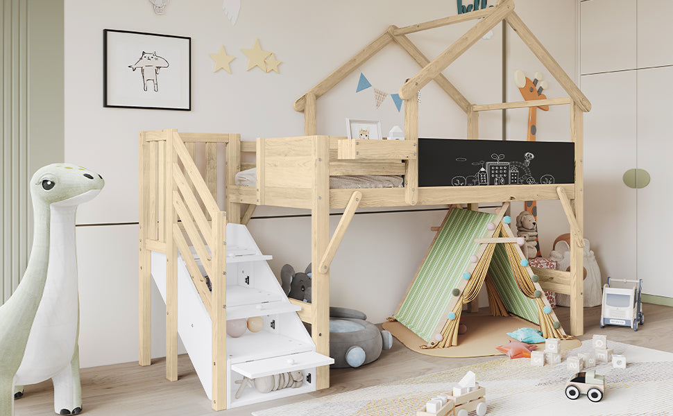 Children's Bunk Bed Roof Design Chalkboard Storage Stairs 90x200cm, White/Natural Pine/MDF/Plywood